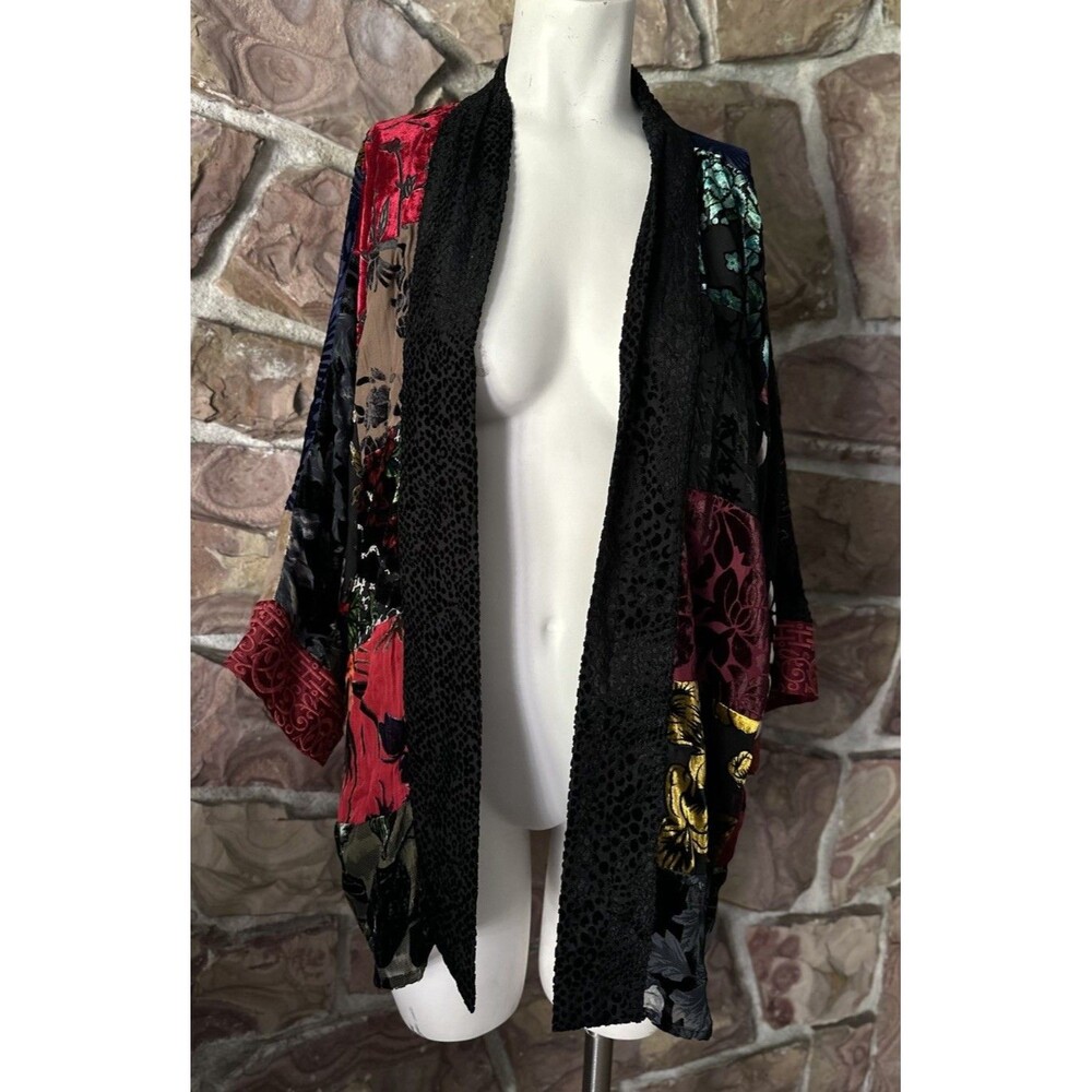 John Mark Patchwork Floral Open Crush Velvet Kimono Jacket Sz M EUC